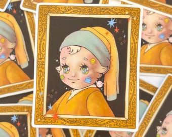Kewpie con l'orecchino di perla - Adesivo in vinile - Carino Kawaii resistente alle intemperie e impermeabile