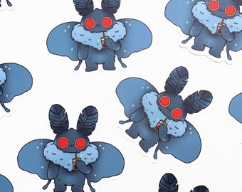 Mothman Drinks Boba Tea - Vinyl Sticker - Cryptid Creature Spooky Moth Man Bubble Creepy Cute Kawaii