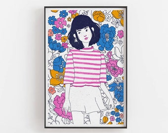 Floral Wallpaper Girl  Art Print Choose Your Size