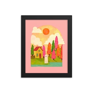 Ghost Island - Art Print - Choose Your Size - 5x7 8x10 standard size - cute kawaii haunted colorful forest trees sunset whimsical clouds kid