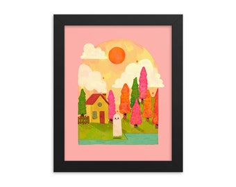 Ghost Island - Art Print - Choose Your Size - 5x7 8x10 standard size - cute kawaii haunted colorful forest trees sunset whimsical clouds kid