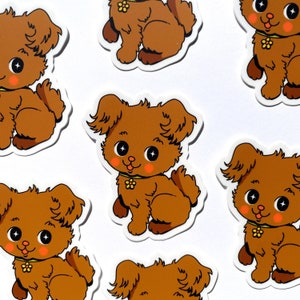 Puppy Sticker - Mod Kitsch Vintage Dog Furry Fuzzy Scruffy Brown 70s Inspired Kawaii Cute Matte Vinyl Waterproof Weatherproof Water Bottle