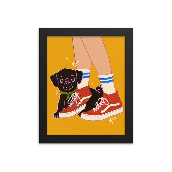 Pug Vans - Art Print - Choose Your Size - 5x7 8x10 standard size - doggy dog sk8 hi skater shoes high tops puppy tube socks sparkles yellow