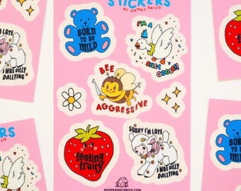 Adesivi assortiti - Foglio di adesivi in vinile - Carini Kawaii resistenti alle intemperie, impermeabili, orsacchiotti, frutta, agnelli, oche, junk journal, planner, mini kitsch divertenti