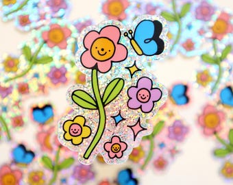 Adesivo glitterato con fiori e farfalle - Adesivo in vinile - Carino Kawaii, resistente alle intemperie e impermeabile