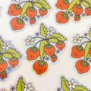 Happy Strawberries - Vinyl Glitter Sticker - Cute Kawaii Weatherproof Waterproof