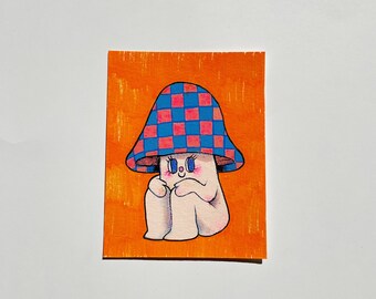 Fun Guy #4 - Original Painting - Mushroom Gouache Watercolor Colored Pencil