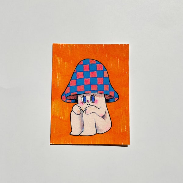Fun Guy #4 - Original Painting - Mushroom Gouache Watercolor Colored Pencil