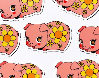 Piggy Bank Sticker - Mod Kitsch Vintage Pig Pink Daisy 70s Inspired Kawaii Cute Matte Vinyl Waterproof Weatherproof Water Bottle