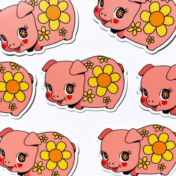 Piggy Bank Sticker - Mod Kitsch Vintage Pig Pink Daisy 70s Inspired Kawaii Cute Matte Vinyl Waterproof Weatherproof Water Bottle