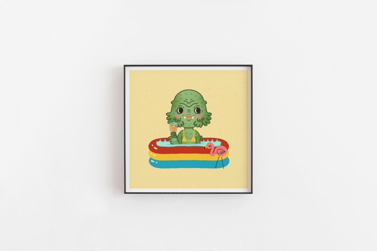 Kawaii Creature in a Kiddie Pool Art Print Choose your size
