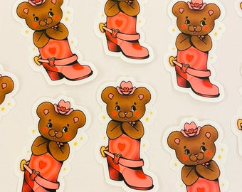 Teddy Bear Cowboy Boot Sticker - Vinyl Sticker - Cute Kawaii Weatherproof Waterproof