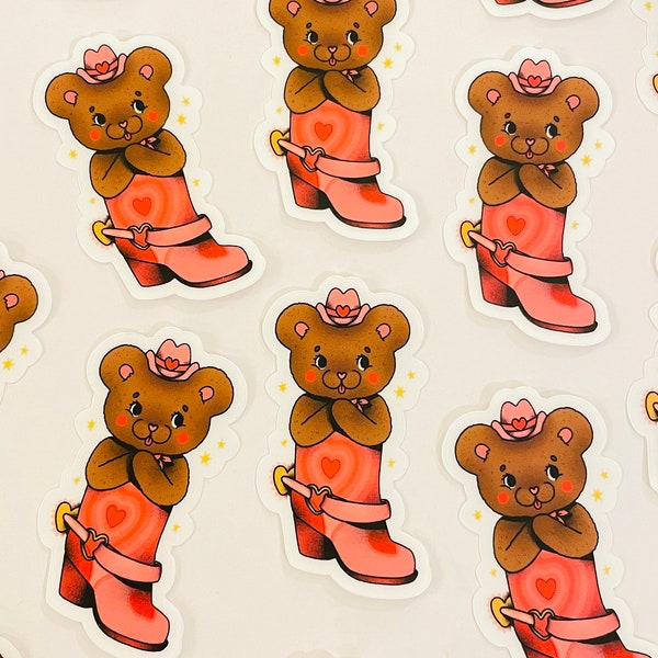 Teddy Bear Cowboy Boot Sticker - Vinyl Sticker - Cute Kawaii Weatherproof Waterproof