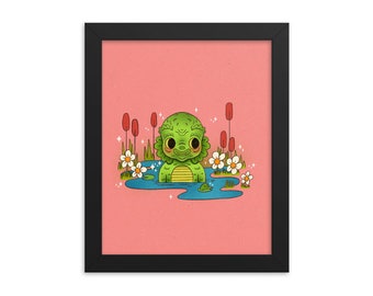 Lagoon Creature - Art Print - Choose Your Size - 5x7 8x10 standard size - ready to frame - black lagoon classic monster mash pink green cute