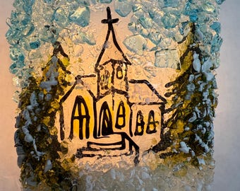 Reborn Glass Night Light – Church Scene with Evergreen Trees