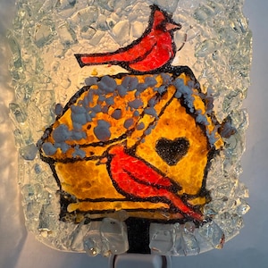 Cardinals Birdhouse Recycled Glass Night Light by Reborn Glass