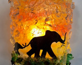 Mom and Baby Elephant Recycled Glass Night Light Nightlight