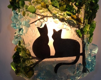 Recycled Glass Kitty Cat Twins in a Tree Nightlight