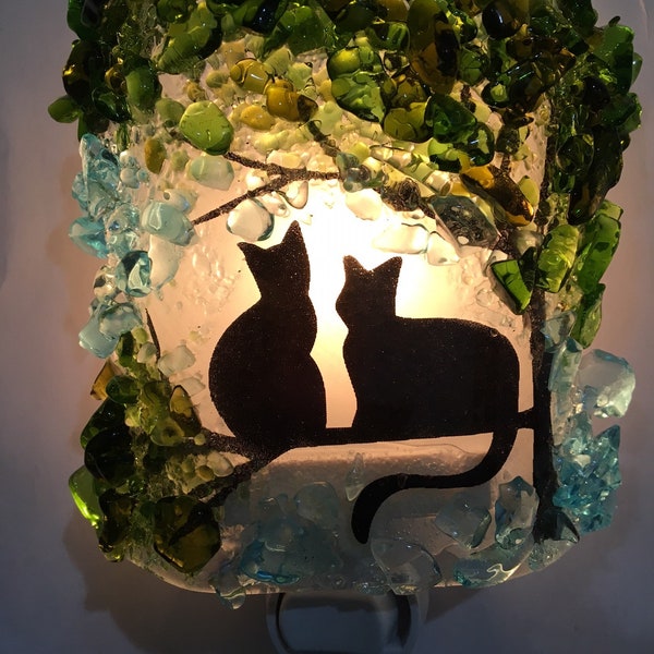 Recycled Glass Kitty Cat Twins in a Tree Nightlight