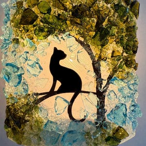 Recycled Glass Cat in a Tree Nightlight
