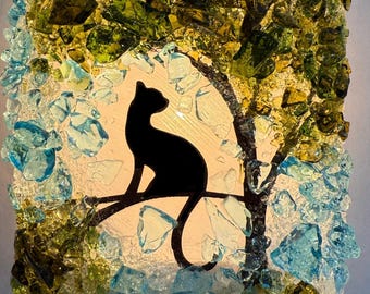 Recycled Glass Cat in a Tree Nightlight
