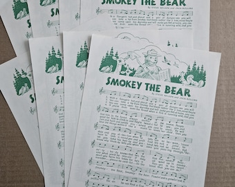 Feuille de chansons vintage de Smokey l'Ours et engagement de conservation (8 feuilles)