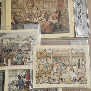 May include: A collection of vintage art prints featuring detailed illustrations. One print depicts a circus scene with performers and spectators. Another shows a Victorian-era interior with figures seated around a table. The prints are packaged in clear plastic sleeves.