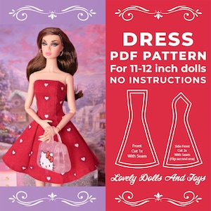 Dress Sewing Pattern For 11 - 12 inch dolls Like Poppy Parker NO INSTRUCIONS A4 and Letter 1/6 Sewing Pattern