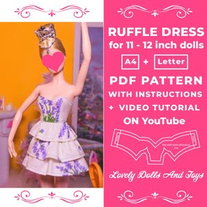 Dress Sewing Pattern For 11 - 12 inch Dolls with instructions A4 dress pattern