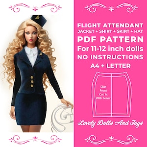 Asistente de vuelo chaqueta camisa falda sombrero patrón de costura para muñecas de 11-12 pulgadas como muñecas Barbie Poppy Parker Integrity Toys tamaño A4 y carta