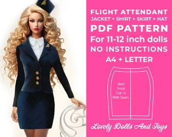 Asistente de vuelo chaqueta camisa falda sombrero patrón de costura para muñecas de 11-12 pulgadas como muñecas Barbie Poppy Parker Integrity Toys tamaño A4 y carta