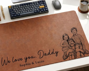 Personalized Dad We Love You Custom Photo Sketch Line Art Desk Mat, Father's Day Gift For Husband, Daddy & Kid Picture Desk Pad Mouse Mat