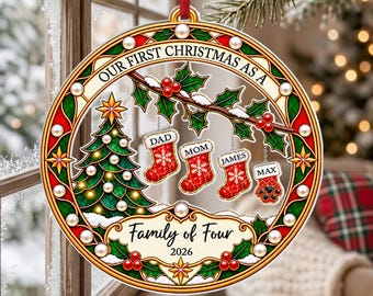 Personalized Family of 3 4 with Pets, Custom Family Ornament With Hanging Piece, New Family Ornament, Baby's First Christmas Ornament
