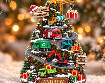 Personalized Construction Truck Ornament, Toddler Boy Christmas Keepsake, Custom Excavator Gift, Little Boy Vehicle Decor,Fire Truck Present