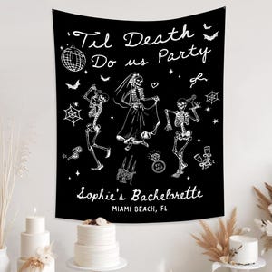 Til Death Do Us Party Bachelorette Party, Halloween Bachelorette, Personalised Gothic Skeleton Bride Photo Tapestry,Halloween Wedding Favors