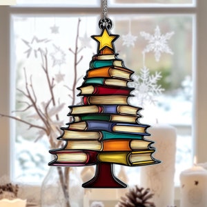 Christmas Book Tree Acrylic Suncatcher Ornament, Christmas Tree Bookish Gift, Book Club Gift, Book Lover Gift, Librarian Gift, Exchange Gift