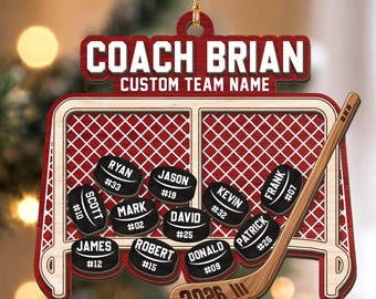 Personalized Hockey Coach Ornament 2026, Custom Team Name Wooden Christmas Ornament, Hockey Player Pucks, Coach Appreciation Gift