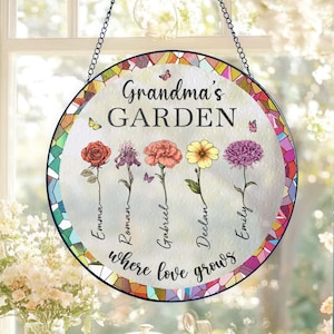Grandma&#39;s Garden Suncatcher Gift For Grandma,Personalized Birth Flower Stained Glass Window Hanging Suncatcher,Mother&#39;s Day Gift For Grandma