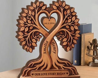 Custom Couple Heart Tree Wooden Plaque, Personalized Anniversary Gift, Wedding Decor, Rustic Wedding Gifts, Engaged Wooden Plaque