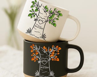 Personalized Carved Tree Pottery Mug,Couple Initials Mug, Wedding Date Keepsake, Custom Anniversary Coffee Cup, Anniversary Gifts for Wife