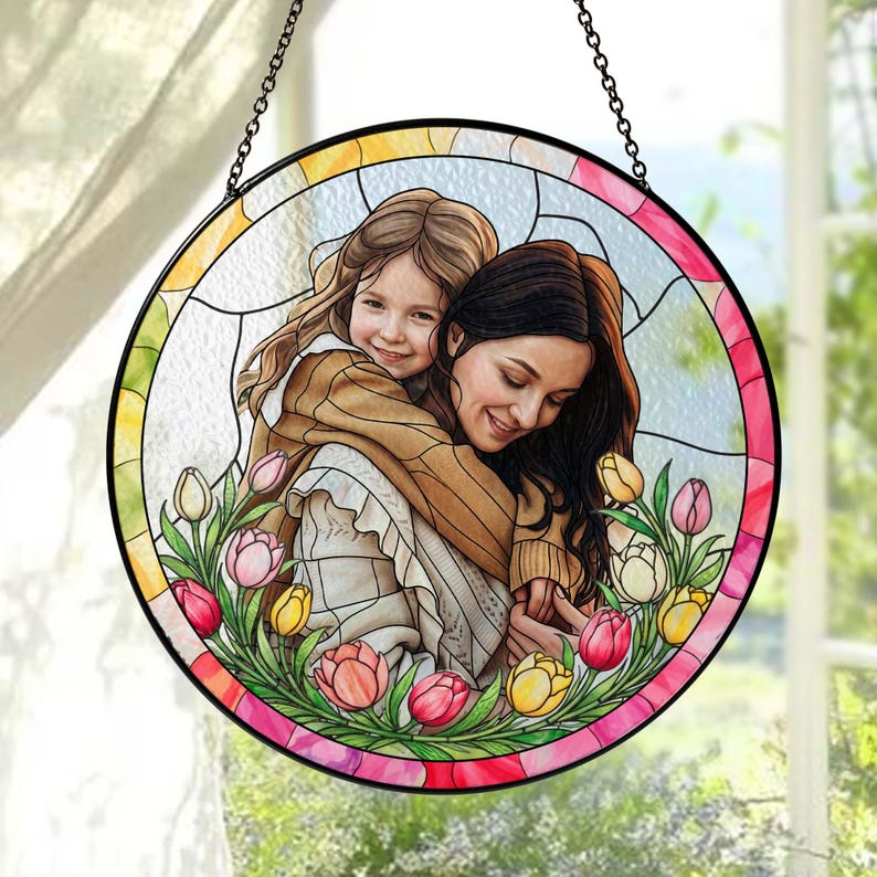 Custom Photo Stained Glass Suncatcher Gift for Mom, Mom Portrait ...