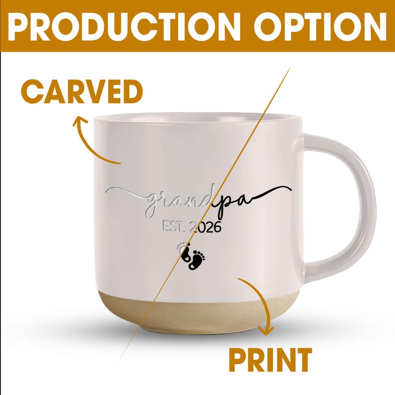 May include: White ceramic mug with a beige base, featuring the word "grandpa" in a script font, the year "EST. 2026", and baby footprints. The mug has a curved handle and is labeled with "CARVED" and "PRINT".
