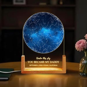 Mapa estelar personalizado por data, presente para o dia dos pais, luz noturna com céu noturno, presente para o papai, presente para o pai de filha para filho, o dia em que você se tornou meu pai