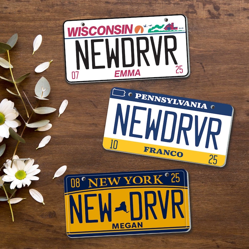 Puede incluir: Tres placas de matr&iacute;cula novedosas de Wisconsin, Pensilvania y Nueva York. Cada placa tiene el texto "NEWDRVR" y un nombre. La placa de Wisconsin es blanca con texto negro, la de Pensilvania es azul y amarilla, y la de Nueva York es amarilla y azul.