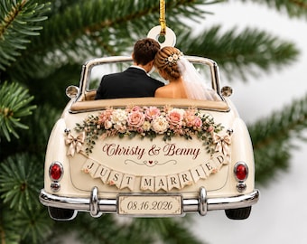 Personalized Just Married Wedding Car Ornament, Acrylic Bride Groom Keepsake, Custom Name Date Newlywed Gift, Couple Christmas Gift, Wedding
