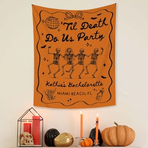 Til Death Do Us Party Bachelorette Banner, Personalized Gothic Skeleton Bride Photo Backdrop Tapestry,Halloween Bachelorette Party Decor