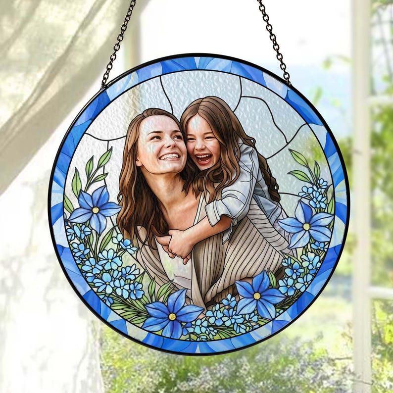 Custom Photo Stained Glass Suncatcher Gift for Mom, Mom Portrait ...