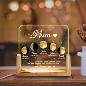 Personalized Moon Phase by Date Gift, Personalised Mom Moon Phase Night Light, Mother’s Day Gift, Gift For Mom, Custom Lunar By Date Gifts