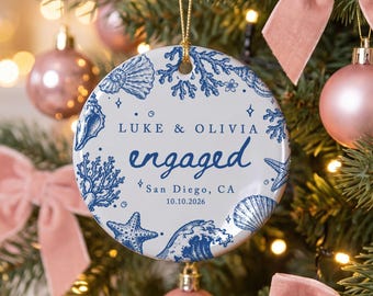 Personalized Engagement Ornament, Custom Couple Names and Date, Coastal Christmas Keepsake, Newly Engaged Gift, Bride To Be Gift