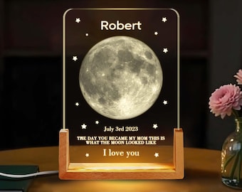 The Day You Became My Mom – Personalized Moon Phase LED Night Light, Custom Birth Date & Text, Perfect Mother's Day Gift